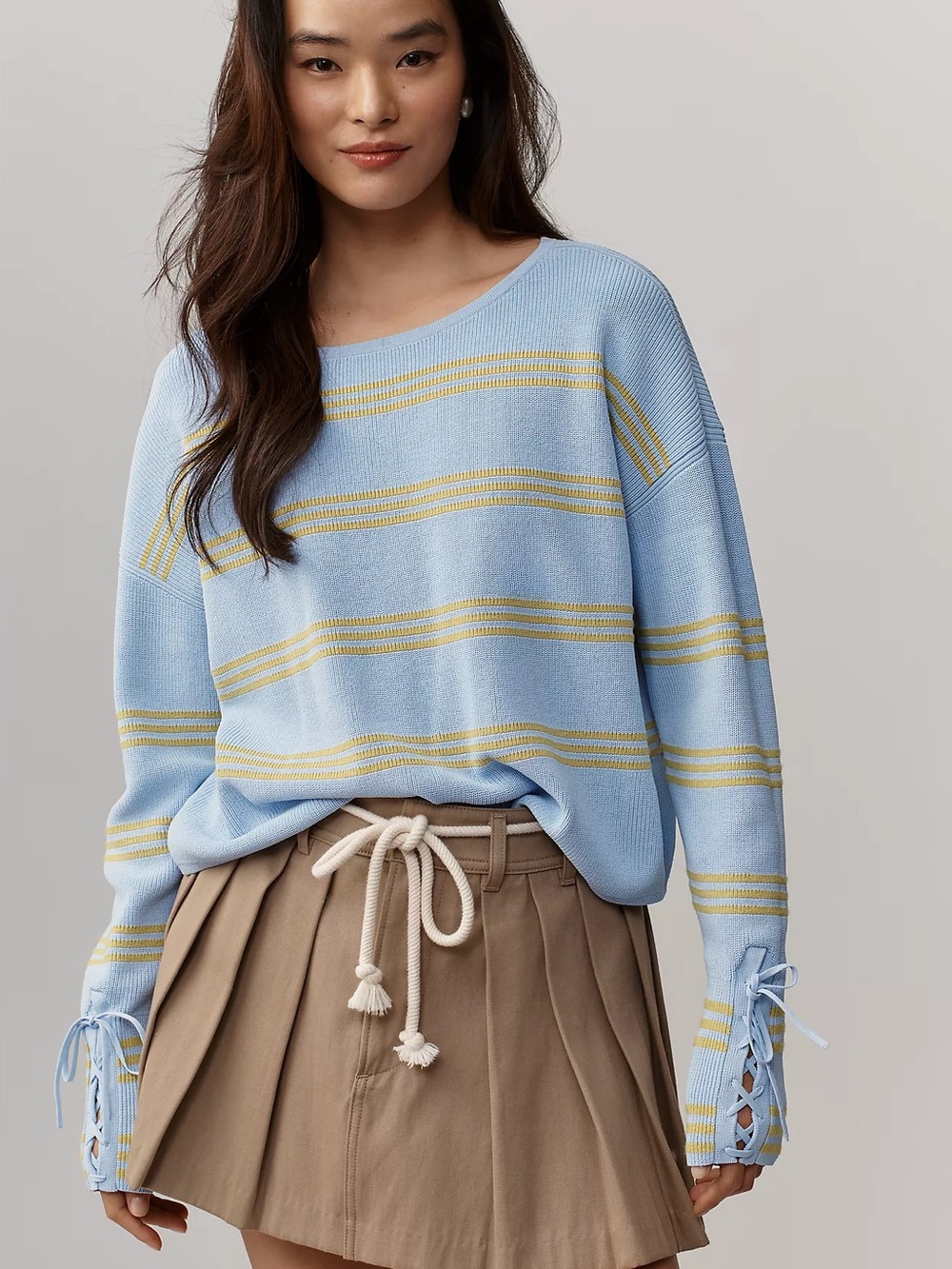 Maeve Anthropologie Boat Neck Light Blue Yellow Striped Lace Up Sweater XS NWOT